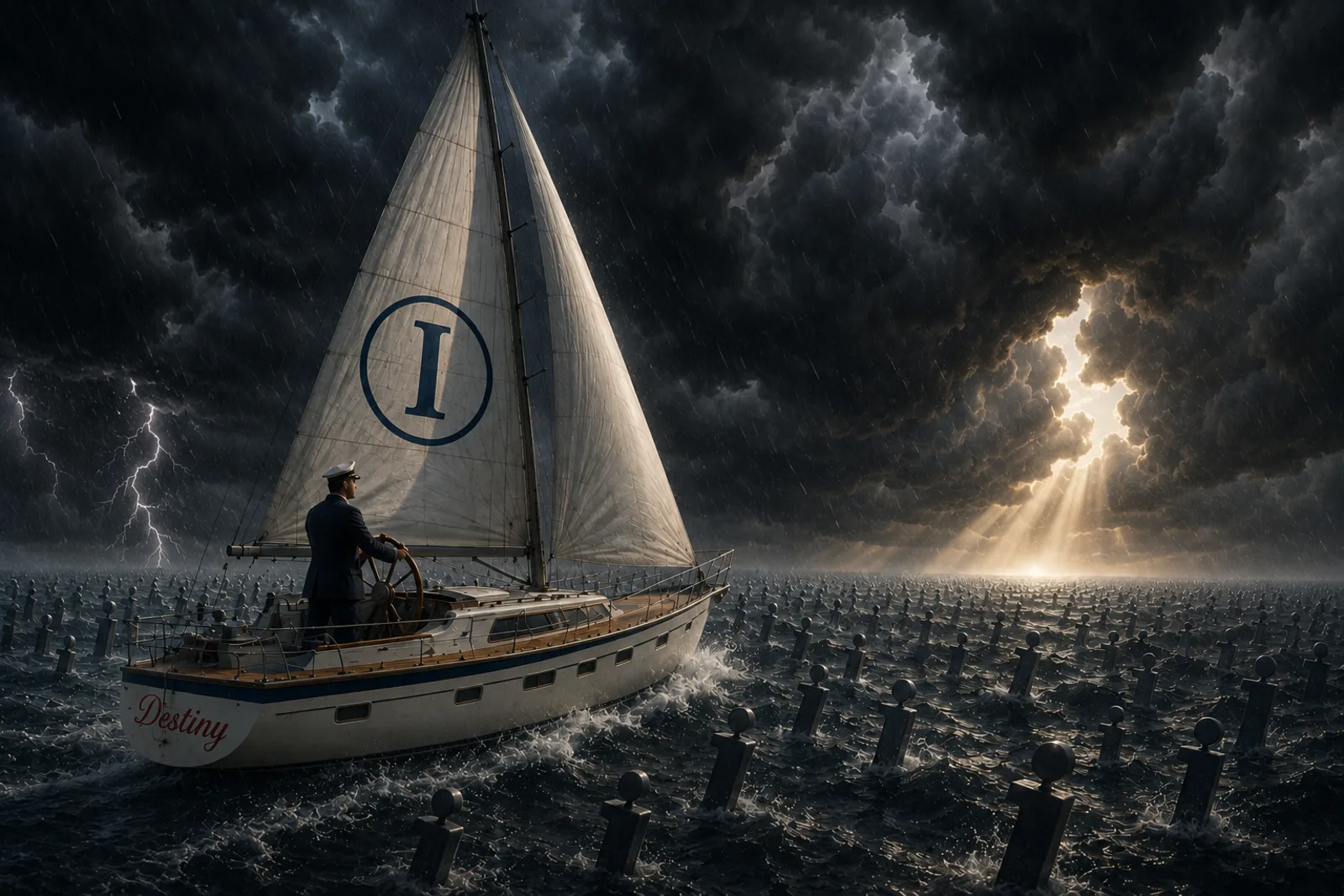 A captain at the wheel of the sailboat Destiny, navigating drowning lowercase 'i' symbols toward a column of divine golden light.